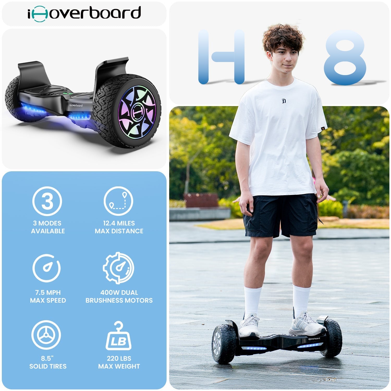 H8 8.5" Off Road Hoverboard with Bluetooth Music and LED Lights - Self Balancing System