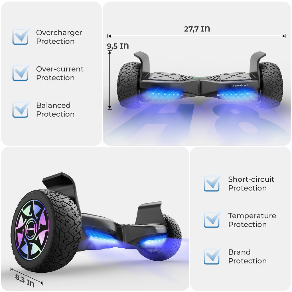 H8 8.5" Off Road Hoverboard with Bluetooth Music and LED Lights - Self Balancing System